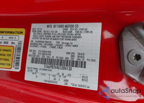 2016 Ford Mustang Ecoboost z USA, uszkodzony, nr VIN 1FA6P8TH4G5284130